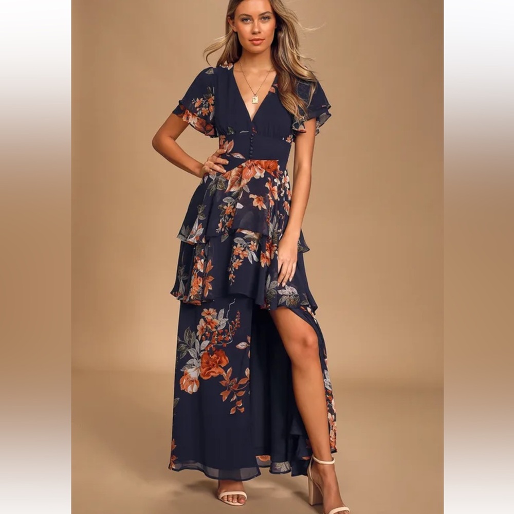Midnight Mood Navy Blue Floral Print Tiered Maxi Dress L